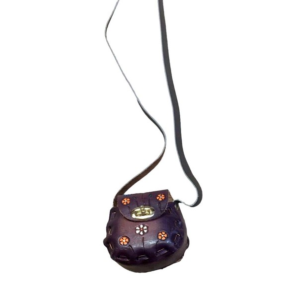 cute small mexico leather bag purple shoulder artisan painted boho hippie cool - Picture 4 of 13